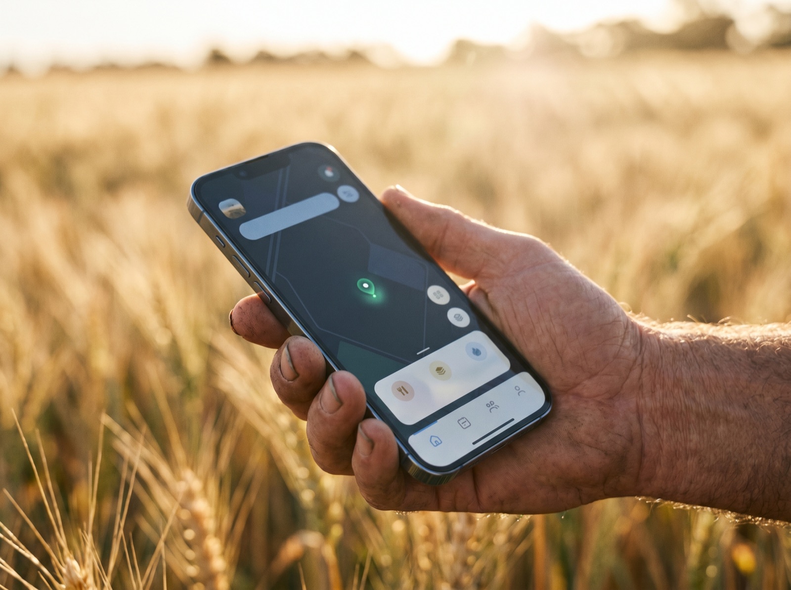 A hand holding a phone in a golden wheat field showing the AirAgri farm map with a green location marker.