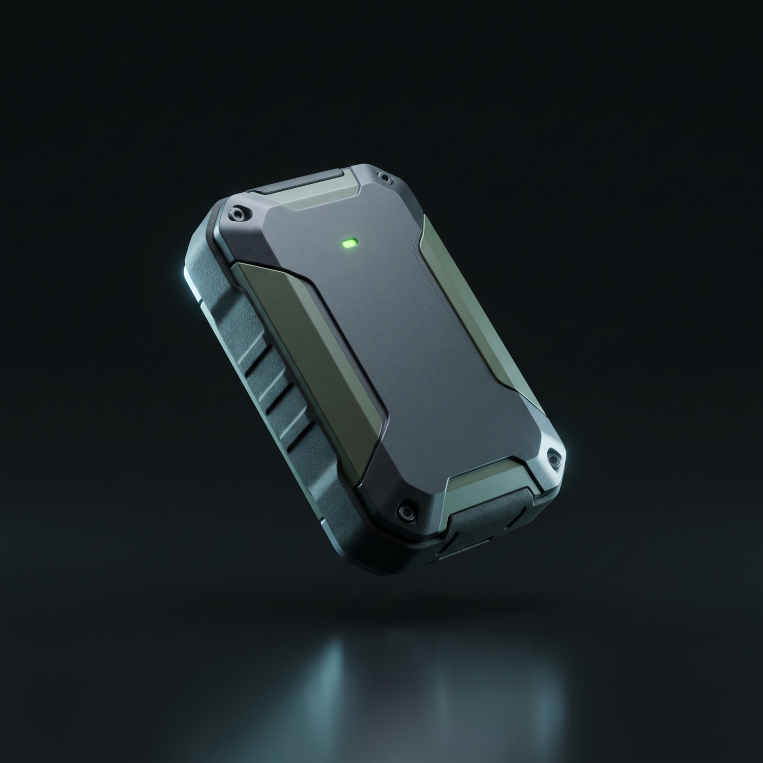 A rugged compact satellite GPS tracker with a glowing green status light on a dark studio background.
