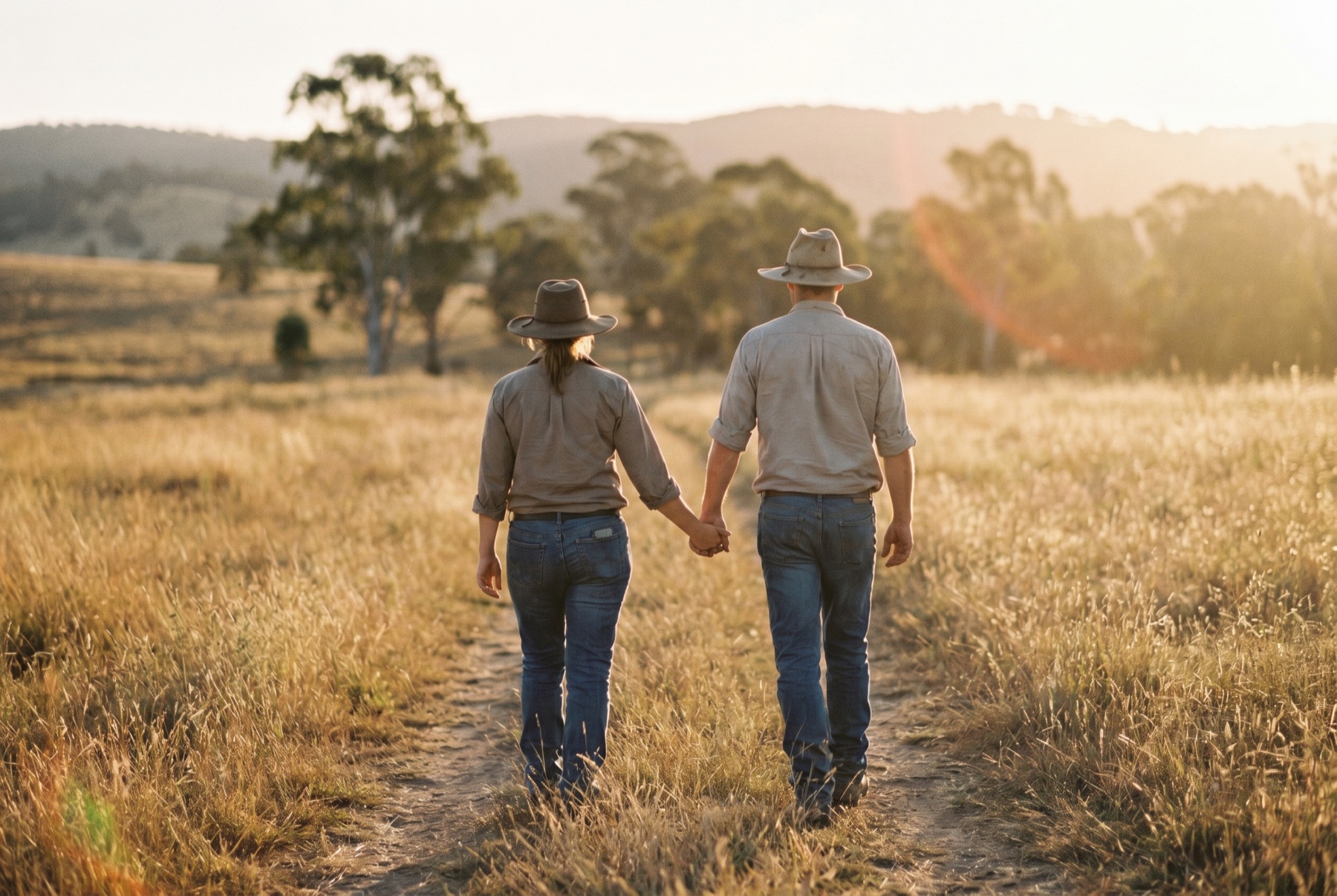 An Australian farming couple walking through a golden paddock at sunset.