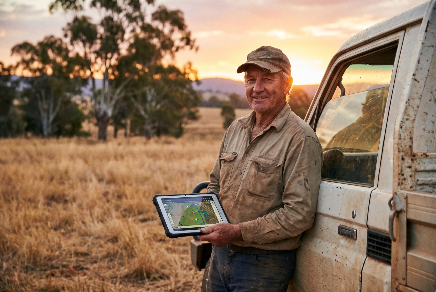 An Australian farmer holding a rugged tablet showing his property map, leaning on a ute at sunset.