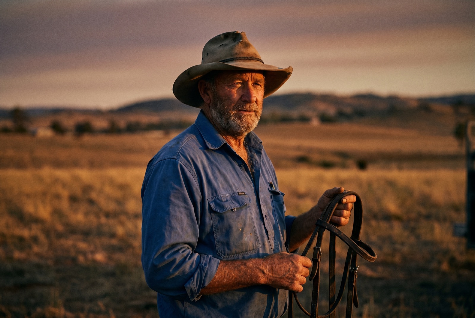 A weathered Australian farmer standing on his property at golden hour.