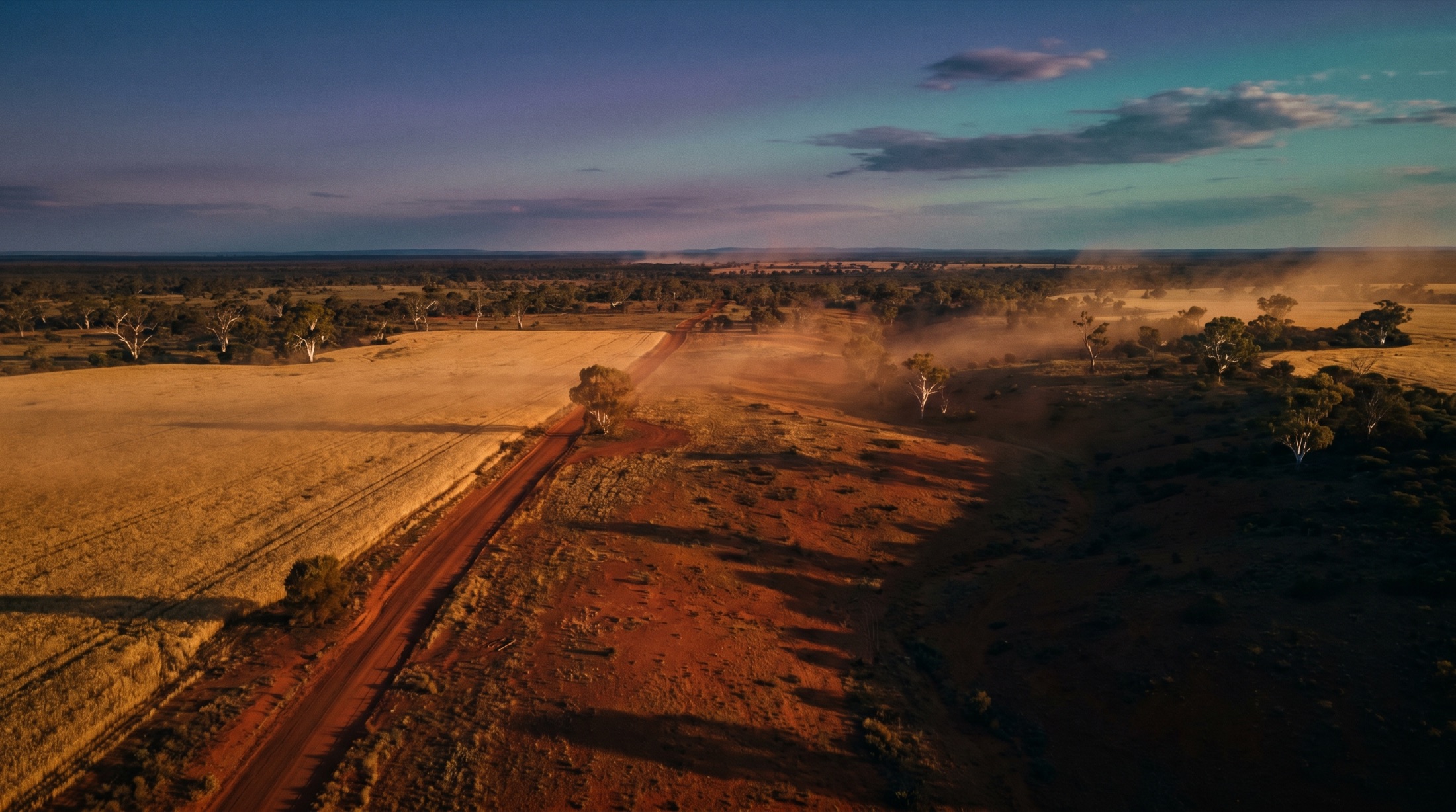 Aerial view of remote Australian farmland at first light, a single track winding to the horizon.