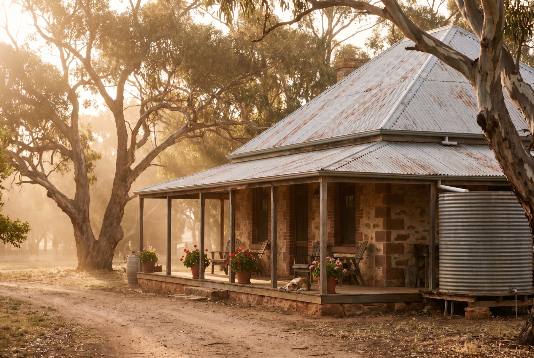 A classic Australian farm homestead with a wide verandah at golden hour.