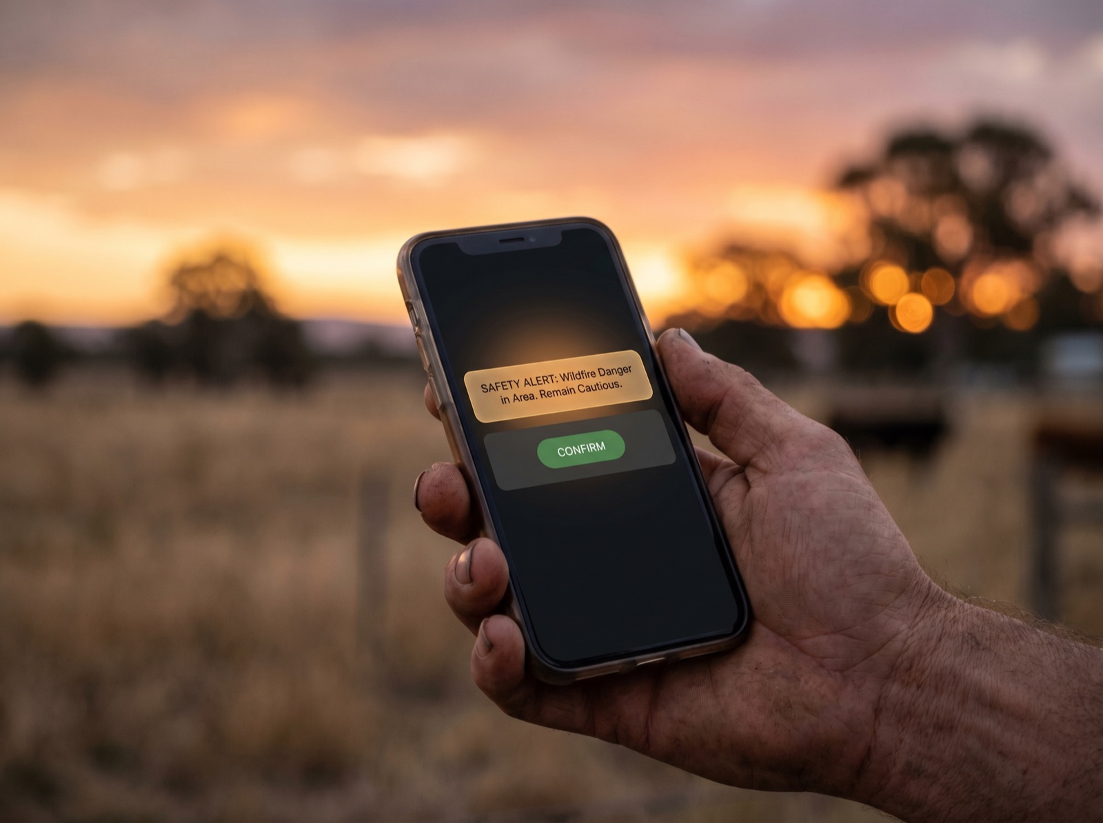 A hand holding a phone showing a safety alert with a green confirm button at dusk.