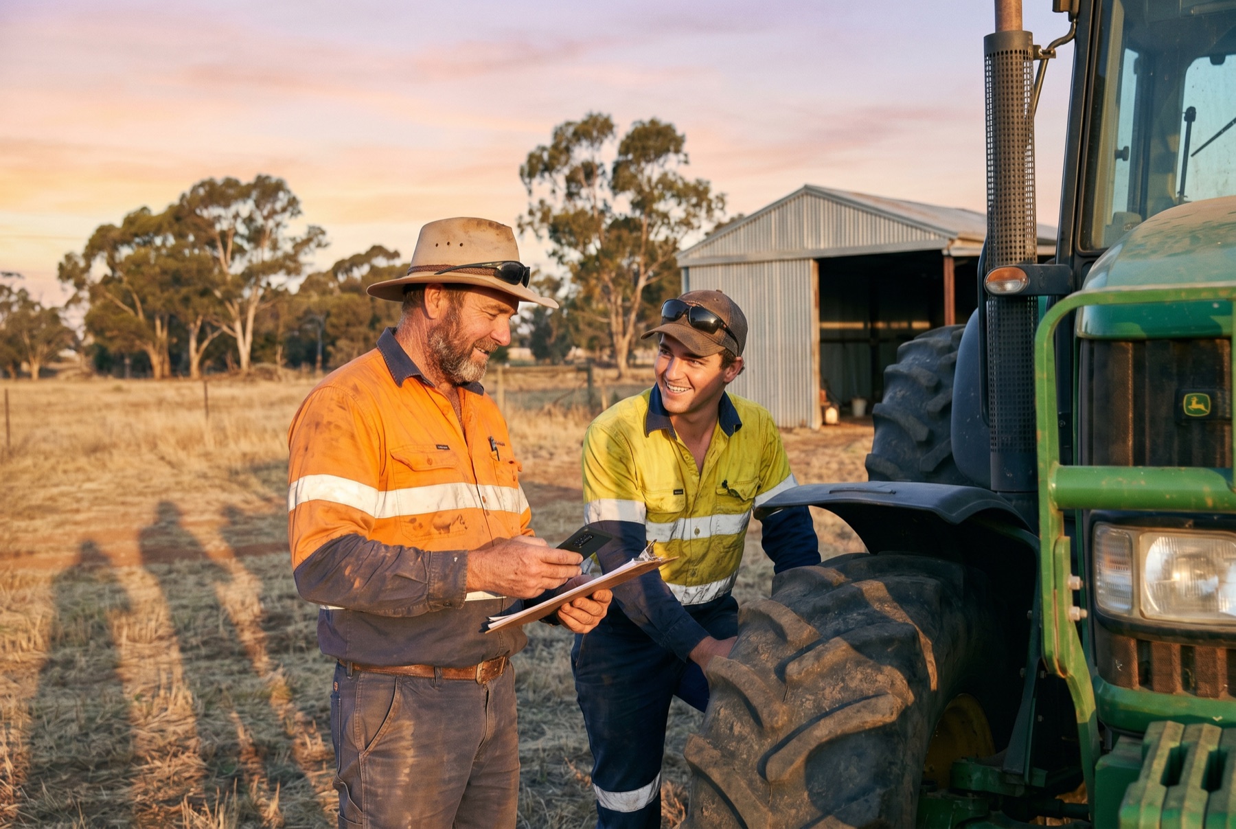 Two farm workers doing a morning pre-start safety check beside a tractor.