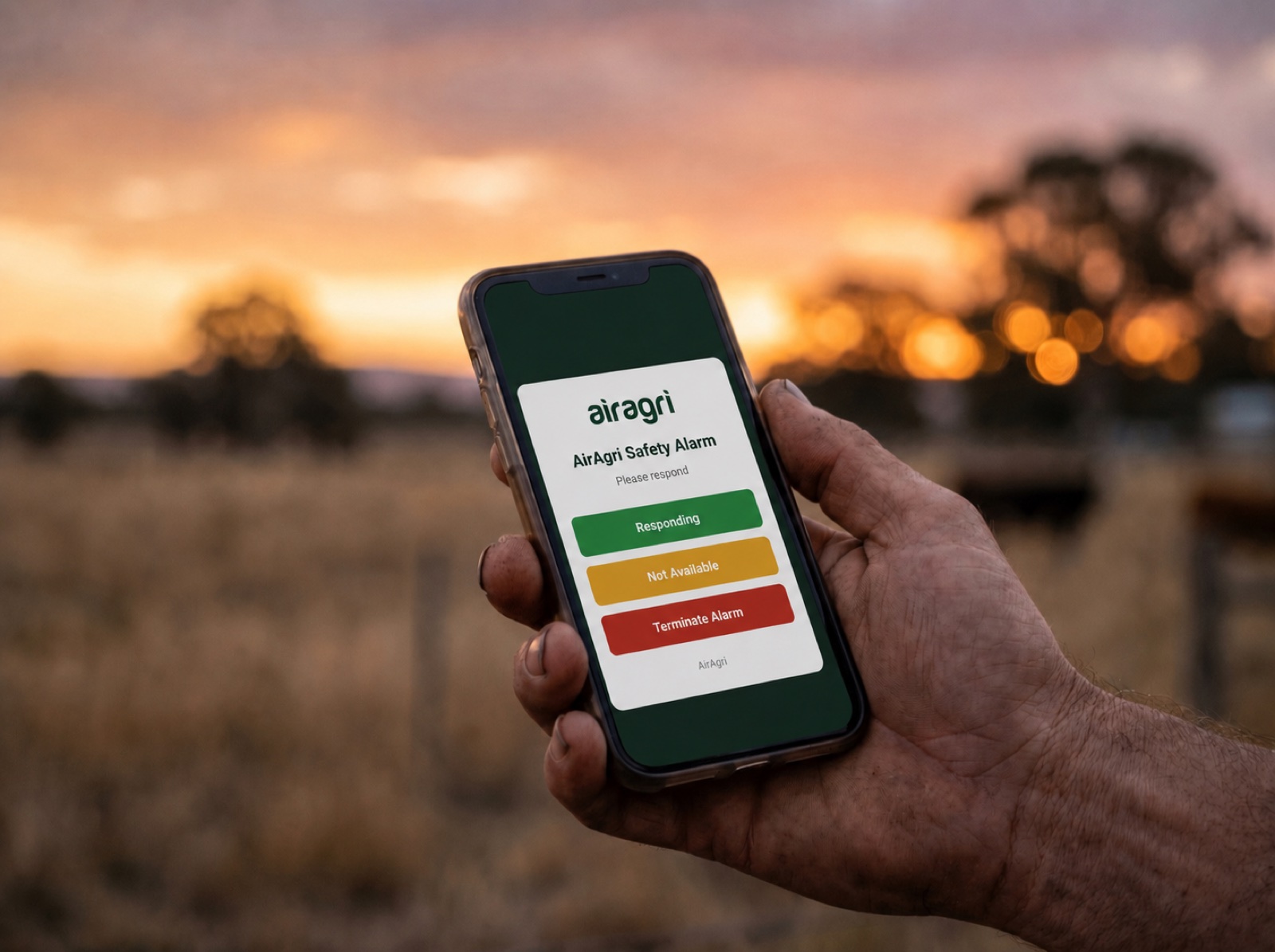 A hand holding a phone at sunset showing the AirAgri Safety Alarm screen with Responding, Not Available and Terminate Alarm options.