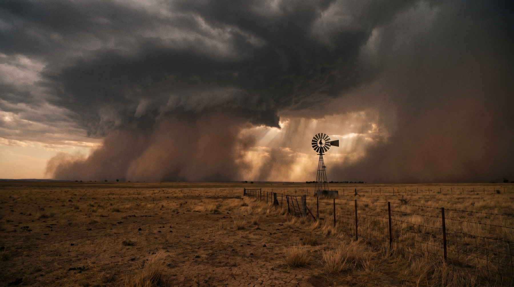 A dramatic storm front rolling across a remote paddock.